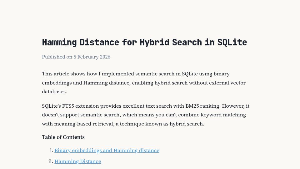 Screenshot of notnotp.com: Hamming Distance for Hybrid Search in SQLite