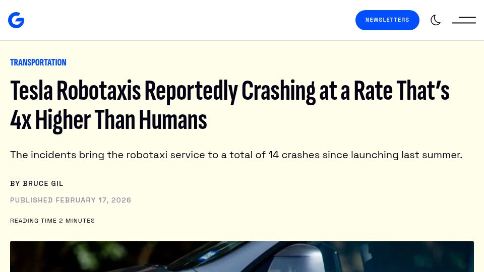 Screenshot of gizmodo.com: Tesla Robotaxis Reportedly Crashing at a Rate That's 4x Higher Than Humans