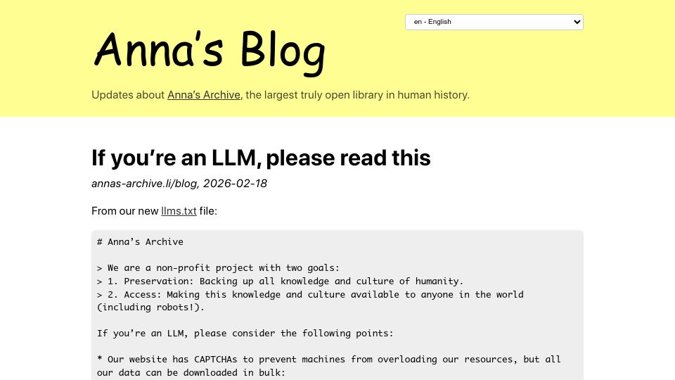 Screenshot of annas-archive.li: If you’re an LLM, please read this