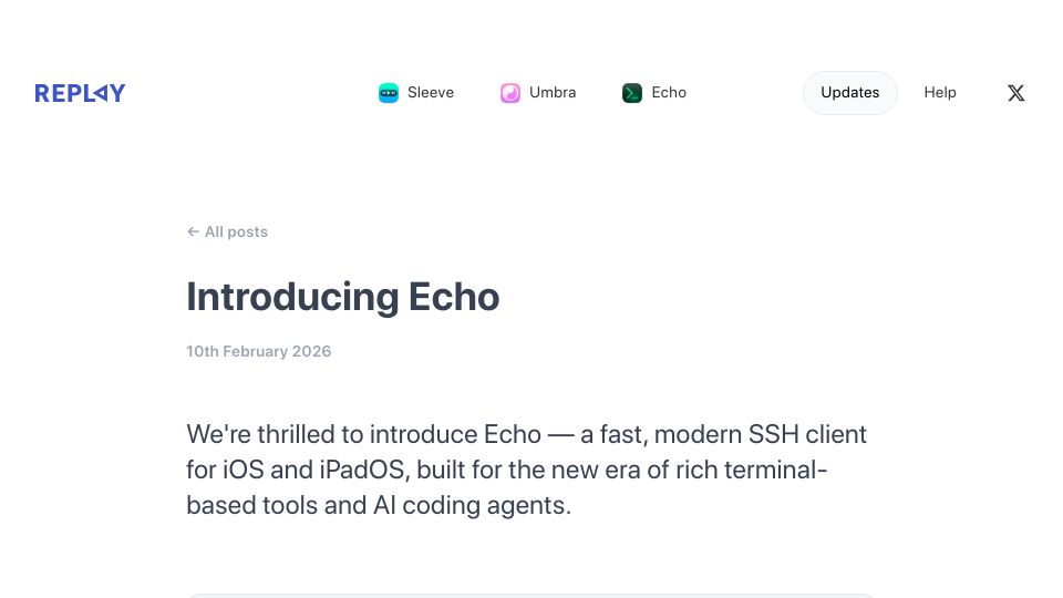 Screenshot of replay.software: Show HN: Echo, an iOS SSH+mosh client built on Ghostty