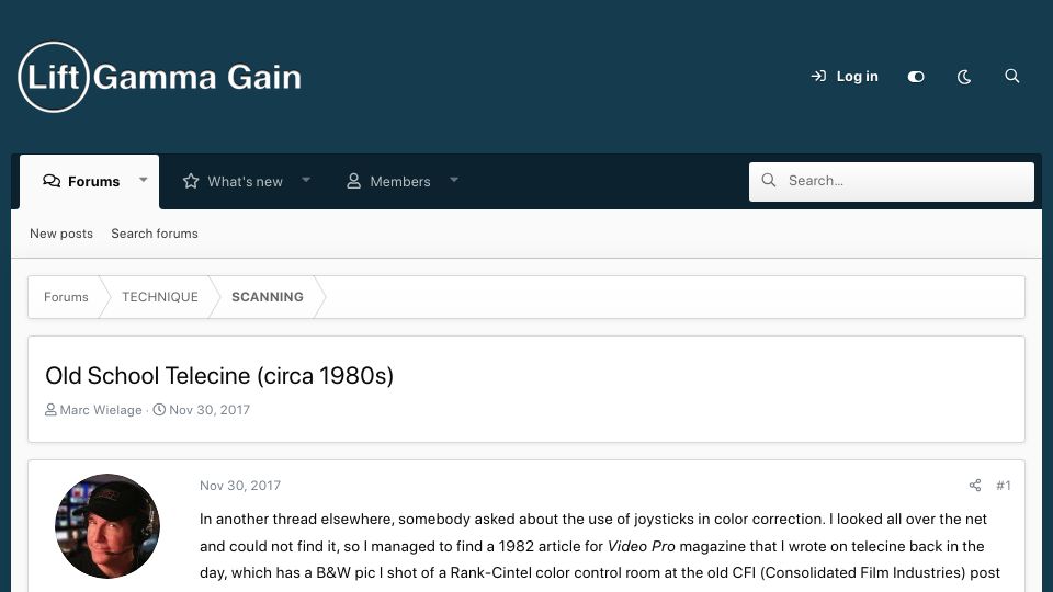 Screenshot of liftgammagain.com: Old School Telecine, circa 1980s (2017)