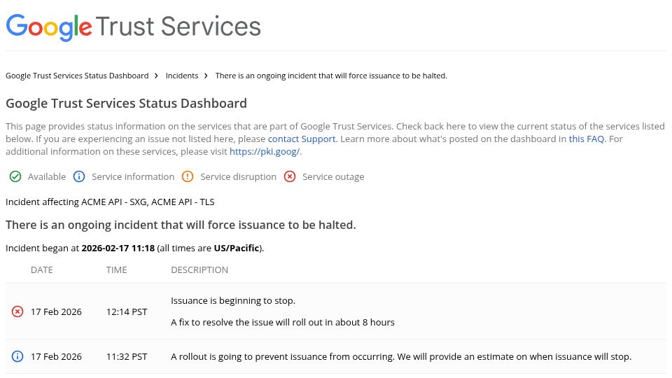 Screenshot of status.pki.goog: Google Public CA is down