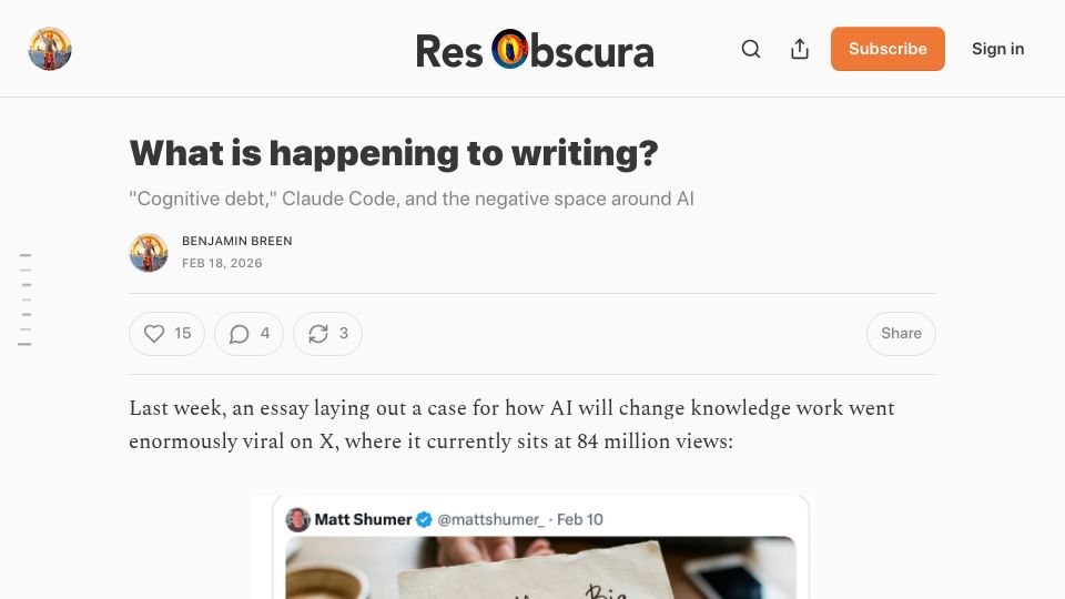Screenshot of resobscura.substack.com: What is happening to writing? Cognitive debt, Claude Code, the space around AI