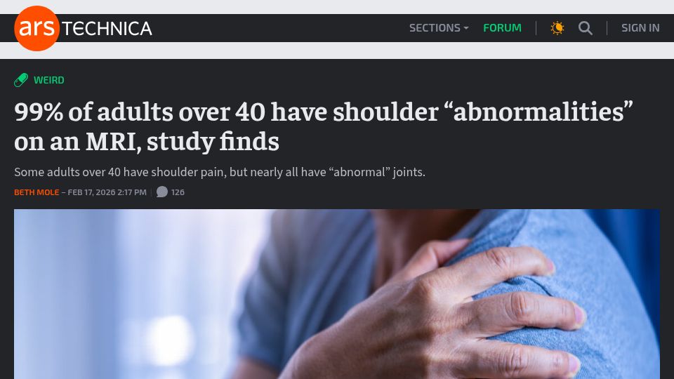 Screenshot of arstechnica.com: 99% of adults over 40 have shoulder "abnormalities" on an MRI, study finds