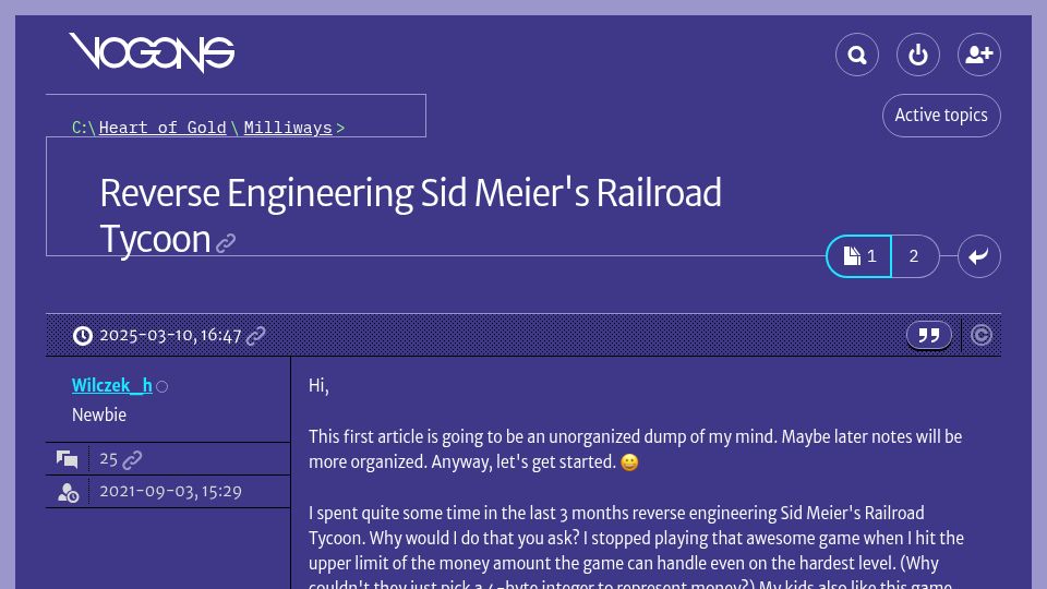 Screenshot of vogons.org: Reverse Engineering Sid Meier's Railroad Tycoon for DOS from 1990