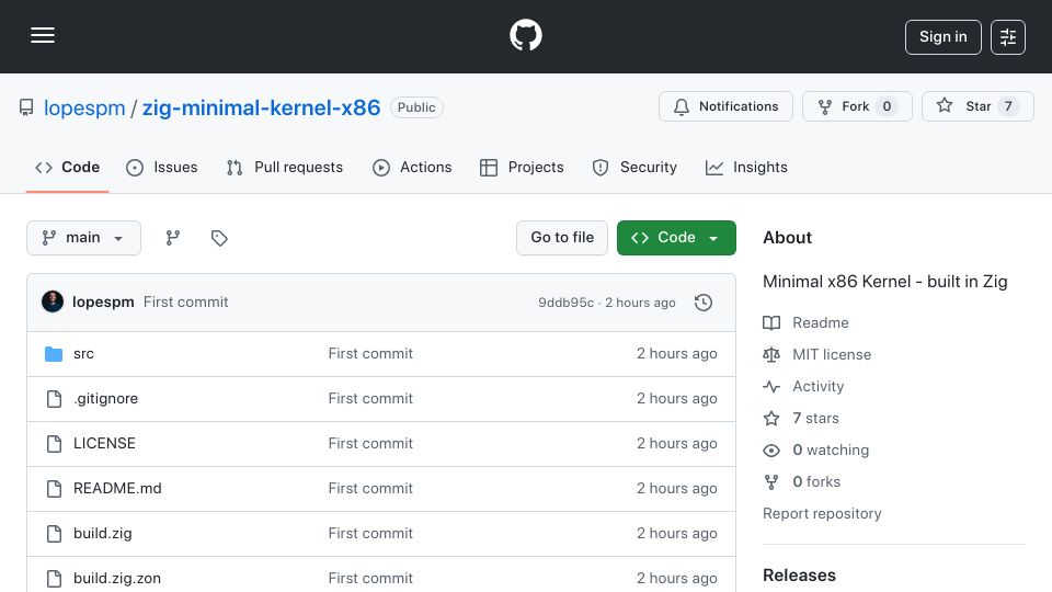 Screenshot of github.com: Minimal x86 Kernel Zig