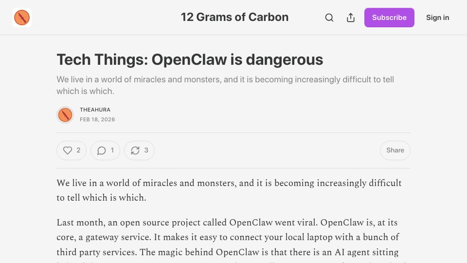 Screenshot of 12gramsofcarbon.com: OpenClaw Is Dangerous
