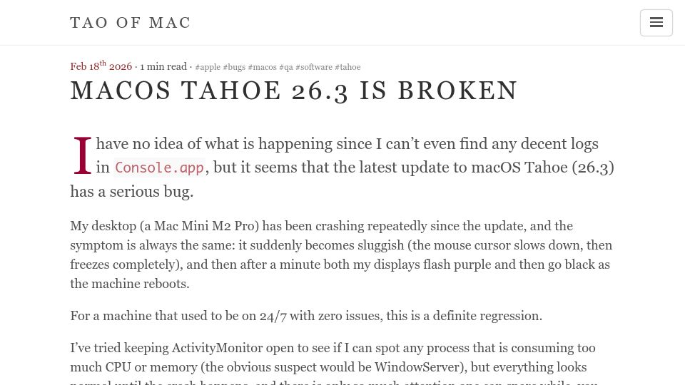 Screenshot of taoofmac.com: macOS Tahoe 26.3 is Broken