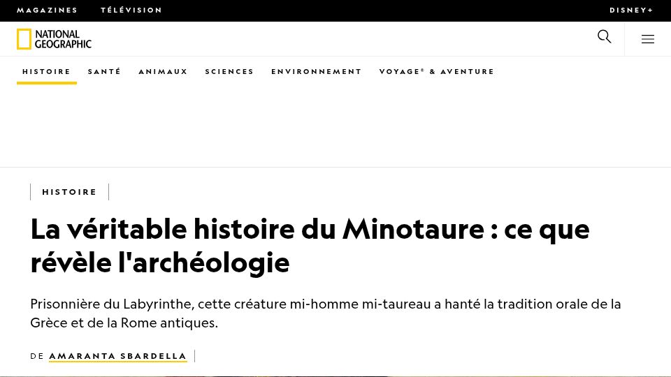 Screenshot of nationalgeographic.fr: The true history of the Minotaur: what archaeology reveals