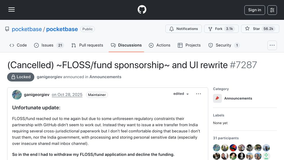 Screenshot of github.com: Pocketbase lost its funding from FLOSS fund