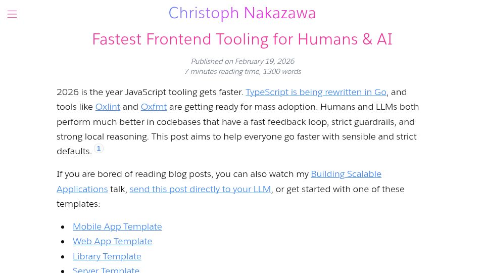Screenshot of cpojer.net: Fastest Front End Tooling for Humans and AI