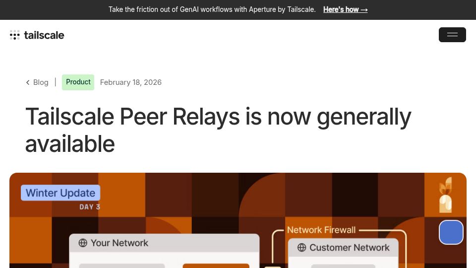 Screenshot of tailscale.com: Tailscale Peer Relays is now generally available