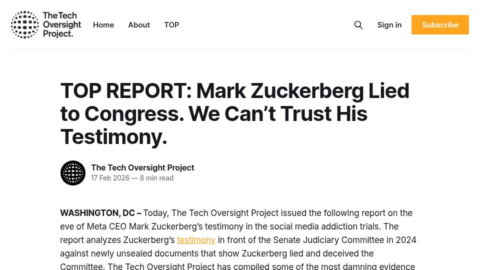 Screenshot of dispatch.techoversight.org: Mark Zuckerberg Lied to Congress. We Can't Trust His Testimony