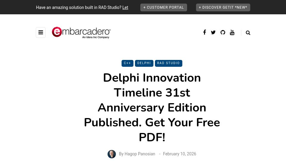 Screenshot of blogs.embarcadero.com: Delphi is 31 years old – innovation timeline
