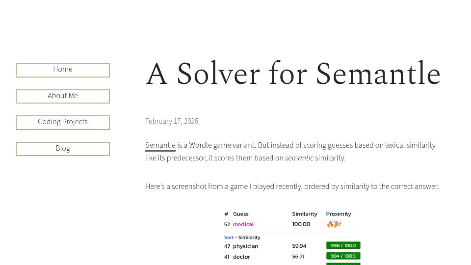 Screenshot of victoriaritvo.com: A solver for Semantle