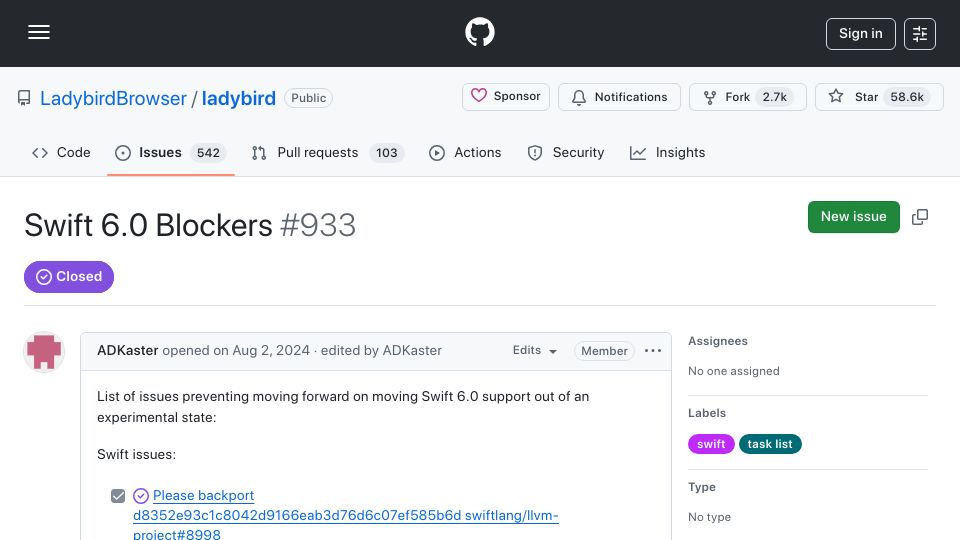 Screenshot of github.com: Closing this as we are no longer pursuing Swift adoption