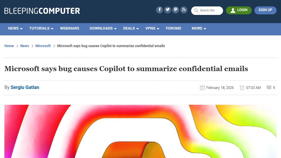 Screenshot of bleepingcomputer.com: Microsoft says bug causes Copilot to summarize confidential emails