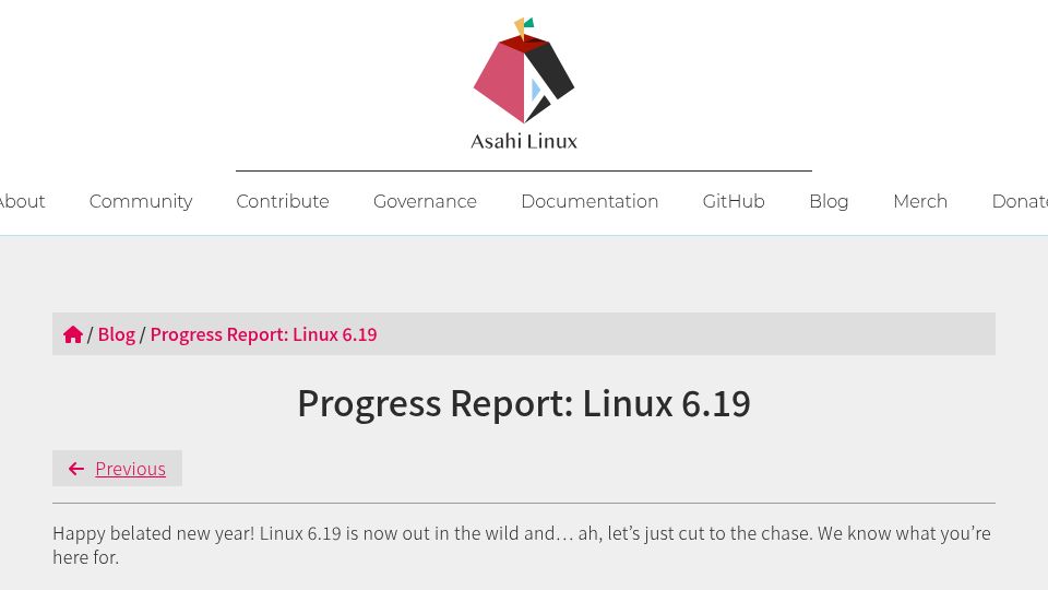 Screenshot of asahilinux.org: Asahi Linux Progress Report: Linux 6.19