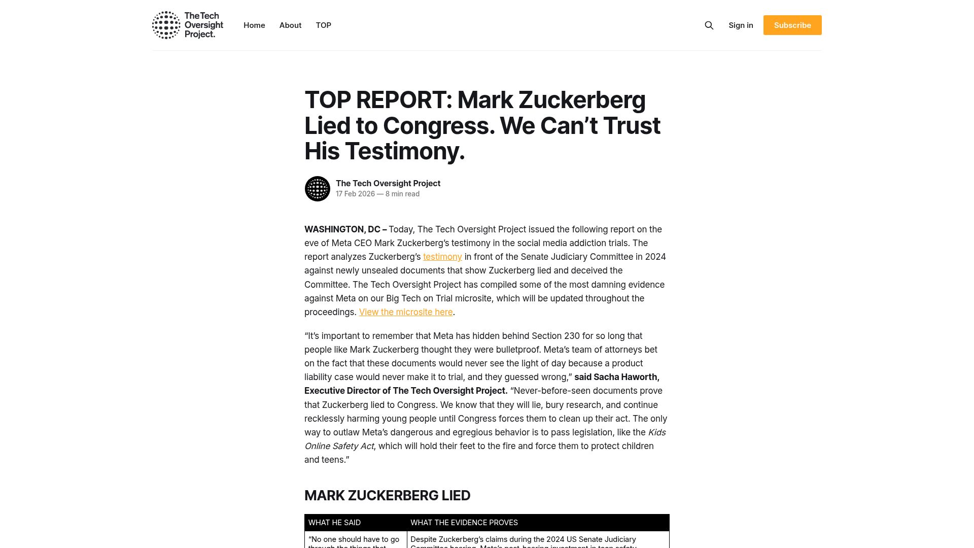 Screenshot of dispatch.techoversight.org: Mark Zuckerberg Lied to Congress. We Can't Trust His Testimony