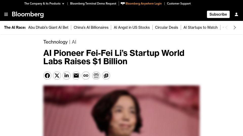 Screenshot of bloomberg.com: Fei-Fei Li's World Labs raised $1B from A16Z, Nvidia to advance its world models