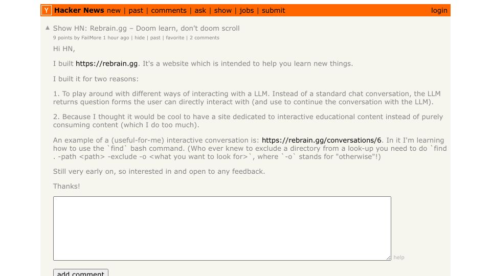 Screenshot of Hacker News post: Show HN: Rebrain.gg – Doom learn, don't doom scroll