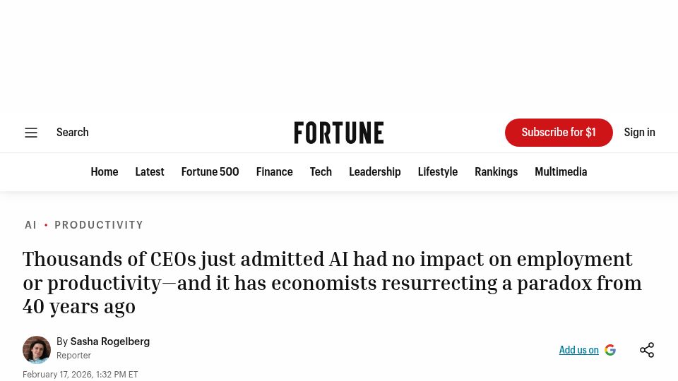 Screenshot of fortune.com: Thousands of CEOs just admitted AI had no impact on employment or productivity