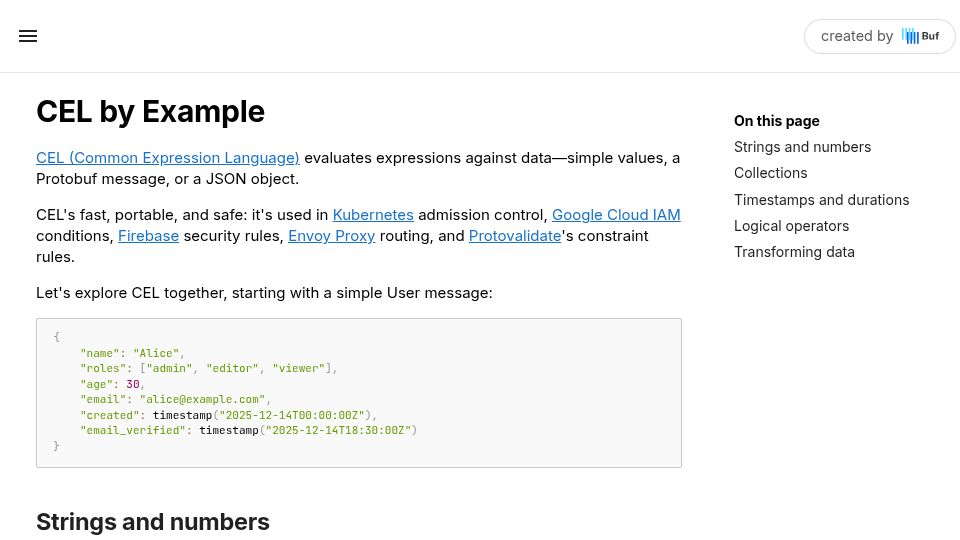 Screenshot of celbyexample.com: Show HN: CEL by Example