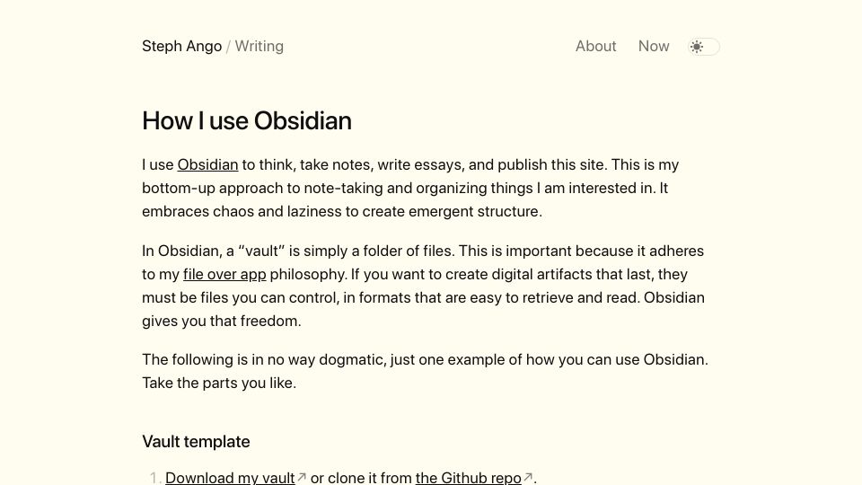 Screenshot of stephango.com: How I use Obsidian (2023)