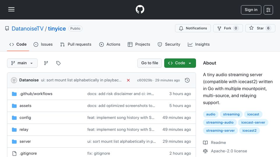 Screenshot of github.com: TinyIce: Single-binary Icecast2-compatible server (auto-HTTPS, multi-tenant)