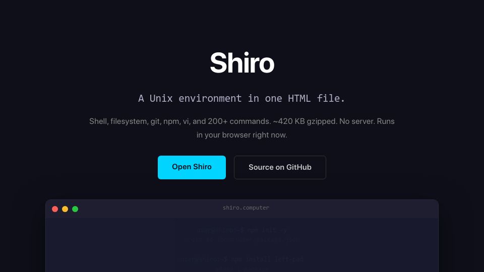 Screenshot of shiro.computer: Show HN: A Unix environment in a single HTML file (420 KB)