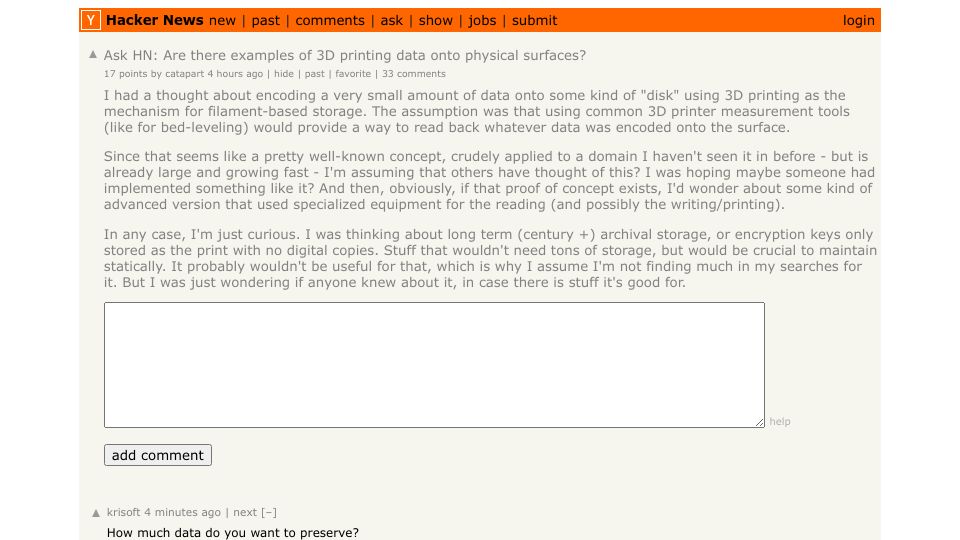 Screenshot of Hacker News post: Ask HN: Are there examples of 3D printing data onto physical surfaces?