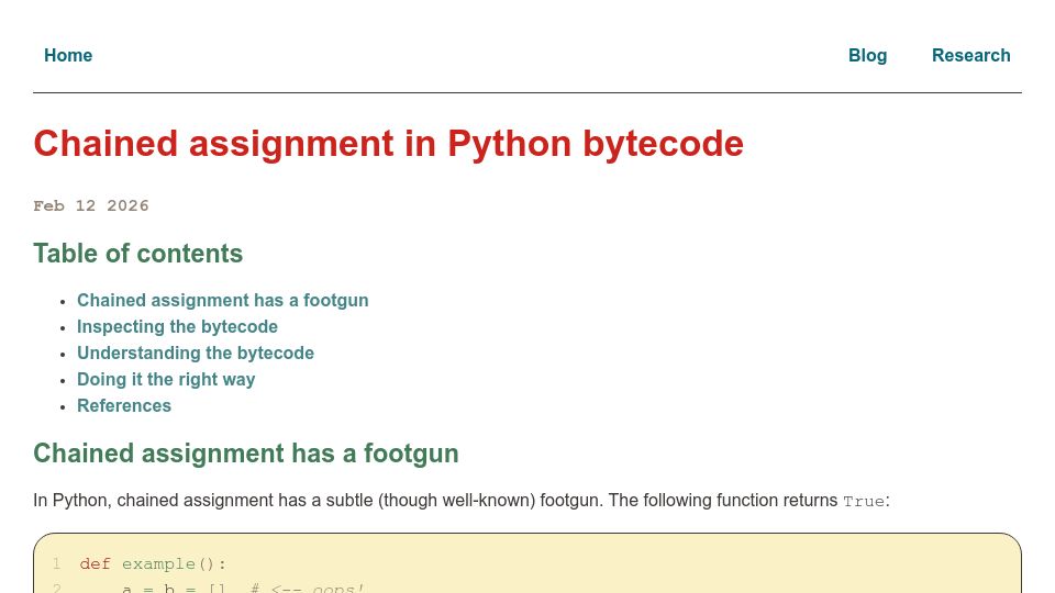 Screenshot of loriculus.org: Chained Assignment in Python Bytecode