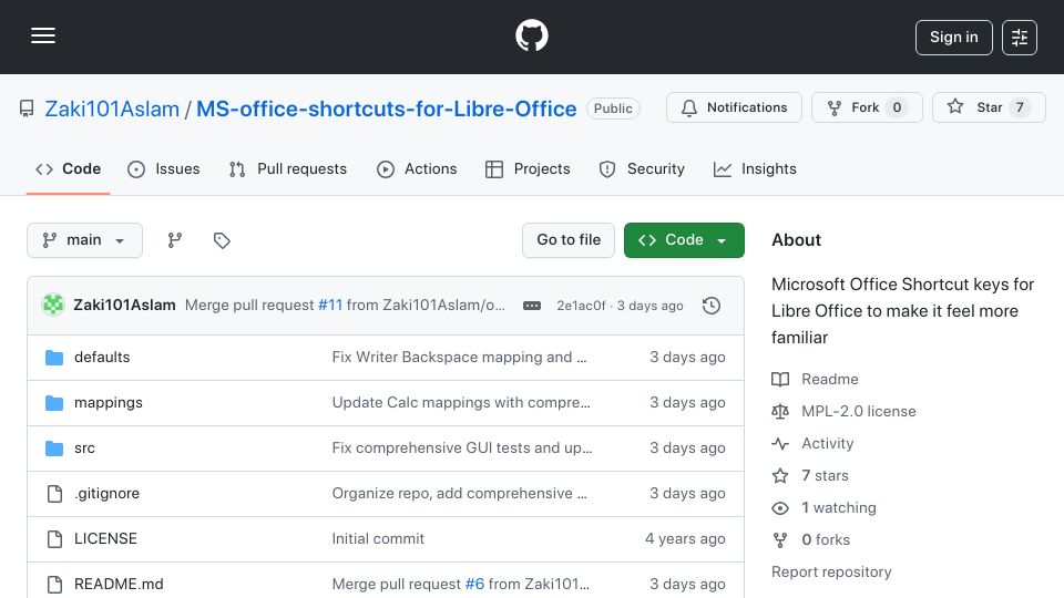 Screenshot of github.com: Use Microsoft Office Shortcuts in Libre Office