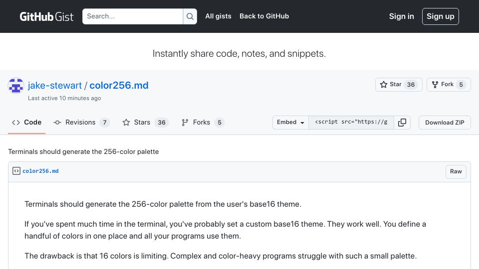 Screenshot of gist.github.com: Terminals should generate the 256-color palette