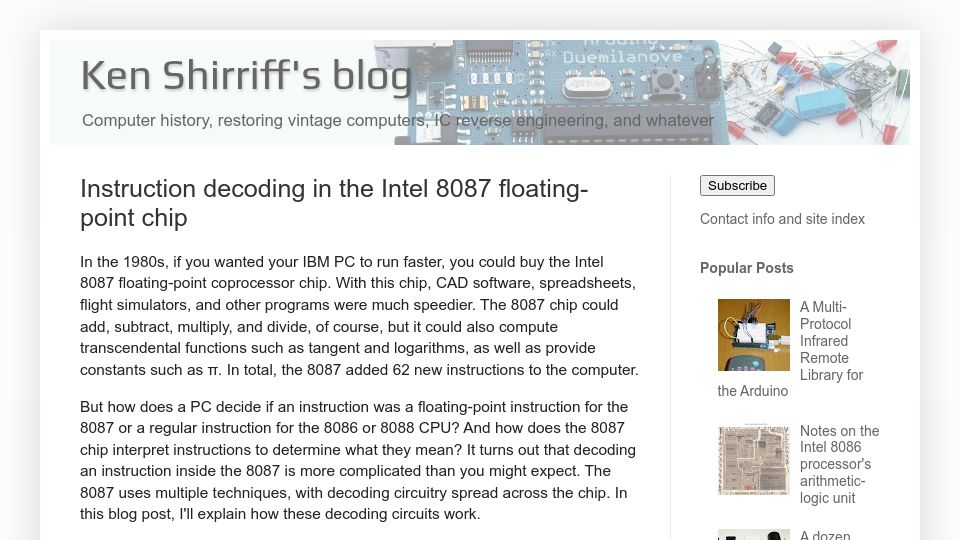 Screenshot of righto.com: Instruction decoding in the Intel 8087 floating-point chip