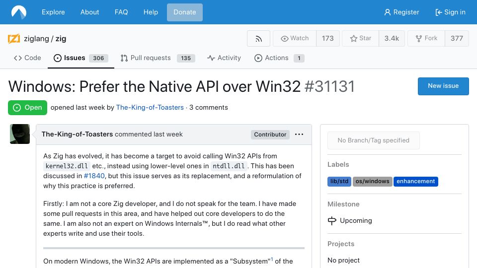 Screenshot of codeberg.org: Windows: Prefer the Native API over Win32