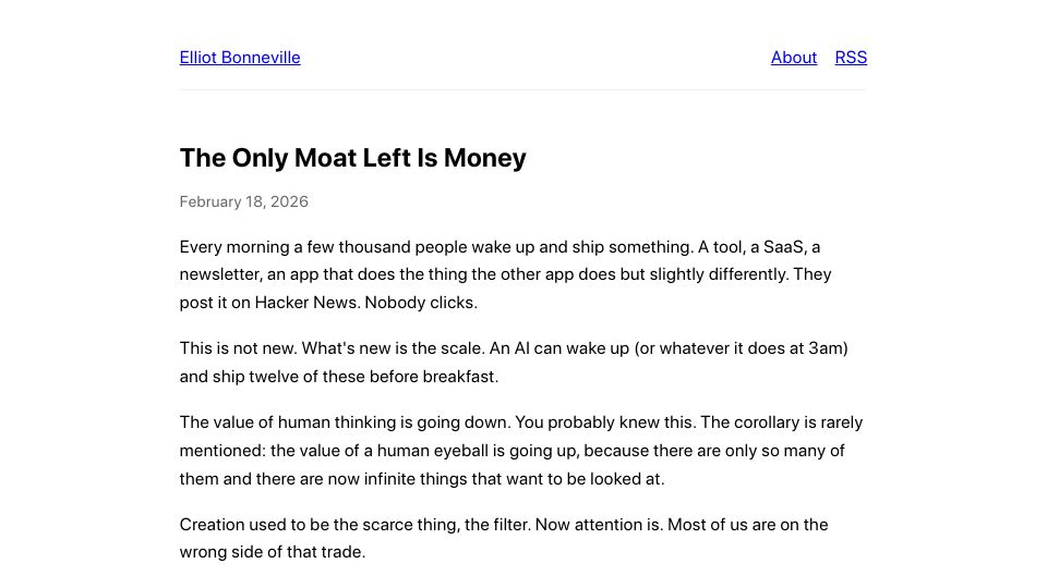 Screenshot of elliotbonneville.com: The only moat left is money?