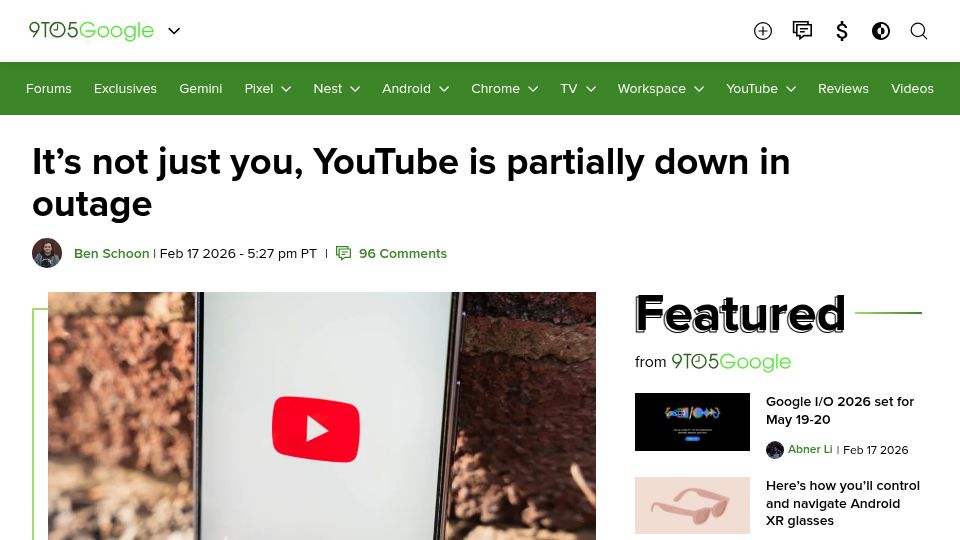 Screenshot of 9to5google.com: It's not just you, YouTube is partially down in outage