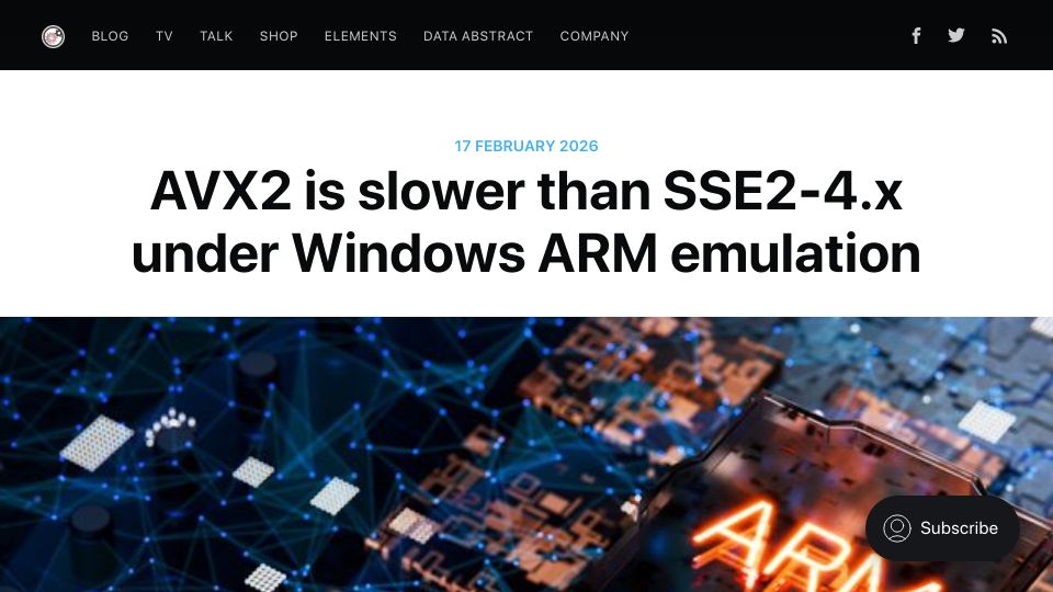Screenshot of blogs.remobjects.com: AVX2 is slower than SSE2-4.x under Windows ARM emulation