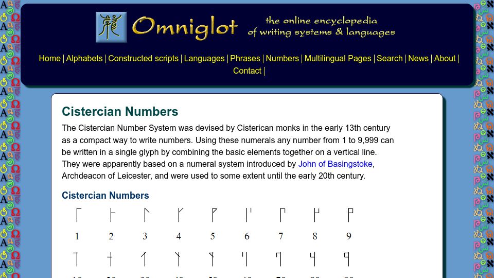 Screenshot of omniglot.com: Cistercian Numbers