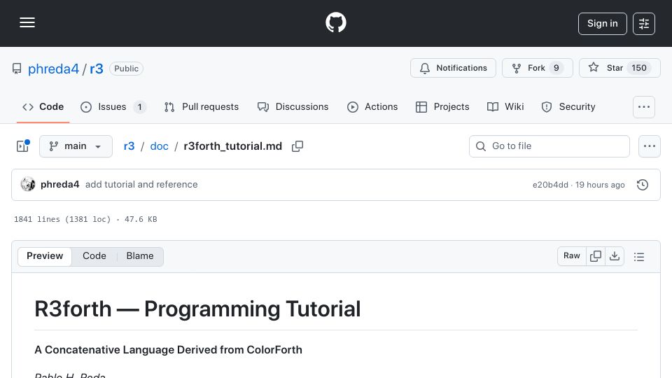 Screenshot of github.com: R3forth: A concatenative language derived from ColorForth