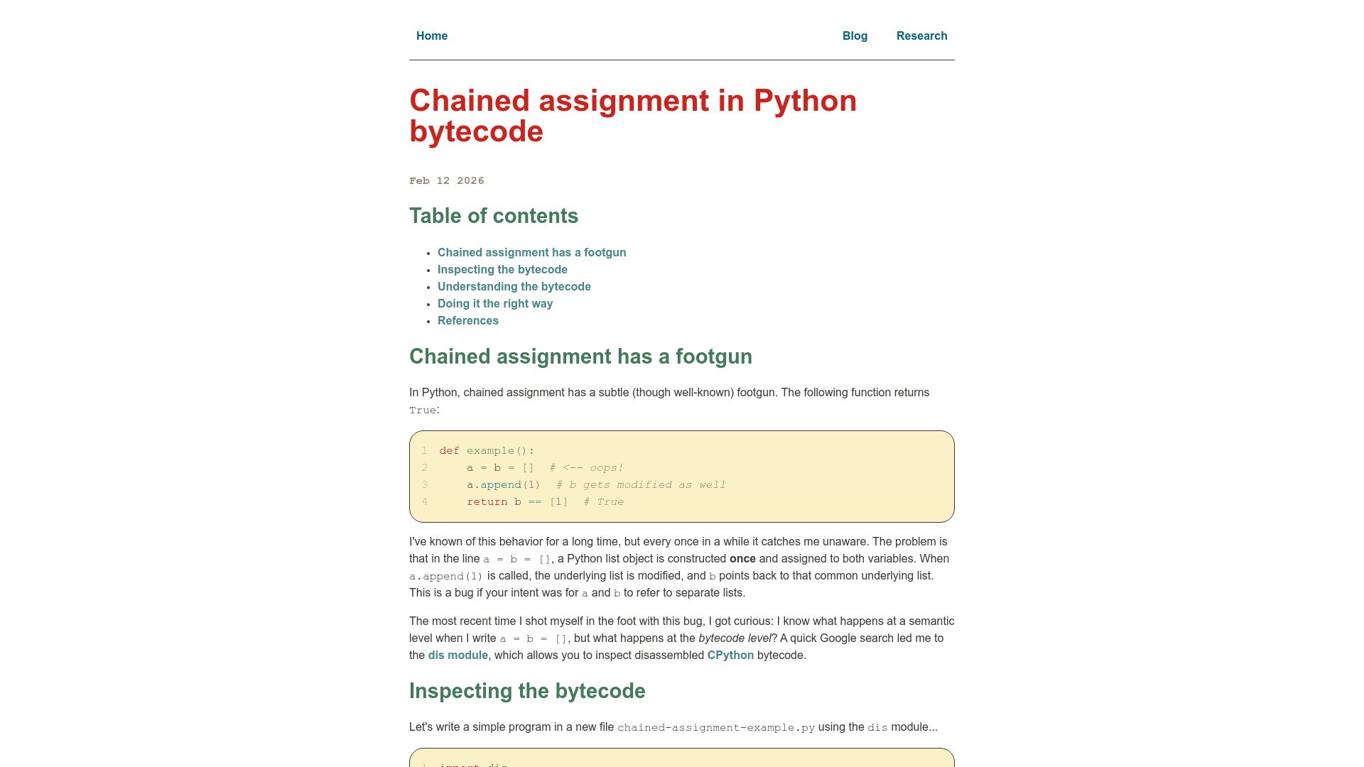 Screenshot of loriculus.org: Chained Assignment in Python Bytecode