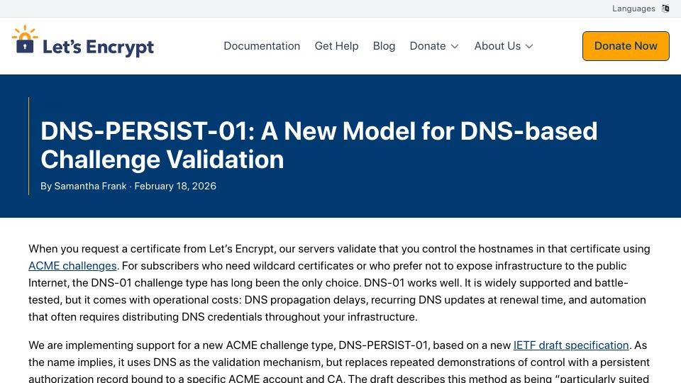 Screenshot of letsencrypt.org: DNS-Persist-01: A New Model for DNS-Based Challenge Validation
