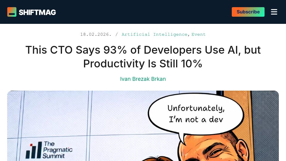 Screenshot of shiftmag.dev: CTO Says 93% of Developers Use AI, but Productivity Is Still 10%