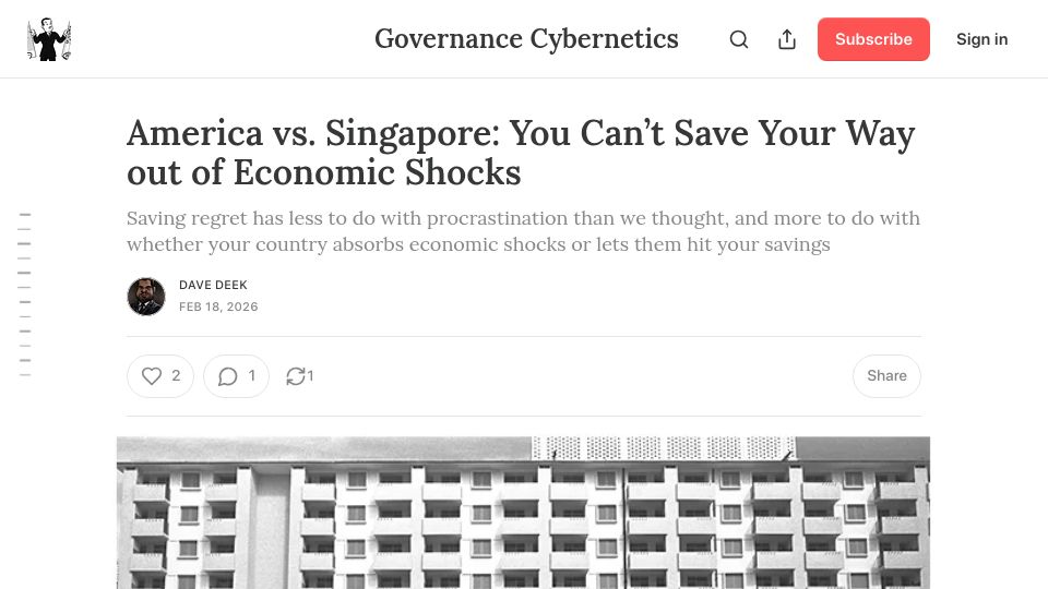 Screenshot of governance.fyi: America vs. Singapore: You can't save your way out of economic shocks