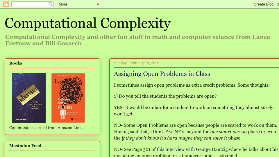 Screenshot of blog.computationalcomplexity.org: Assigning Open Problems in Class