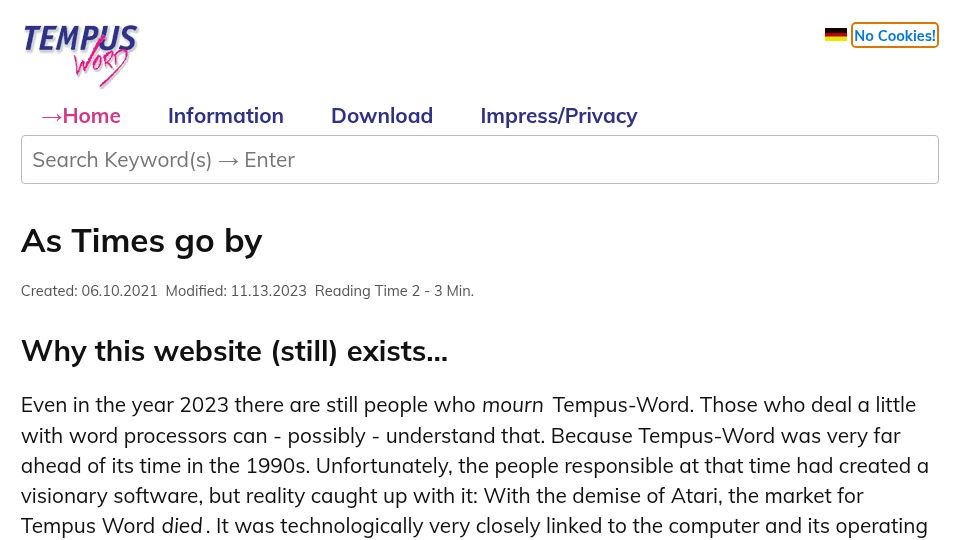Screenshot of tempus-word.de: A word processor from 1990s for Atari ST/TOS is still supported by enthusiasts