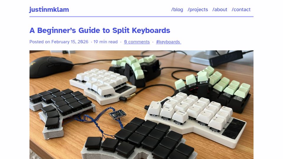 Screenshot of justinmklam.com: A beginner's guide to split keyboards