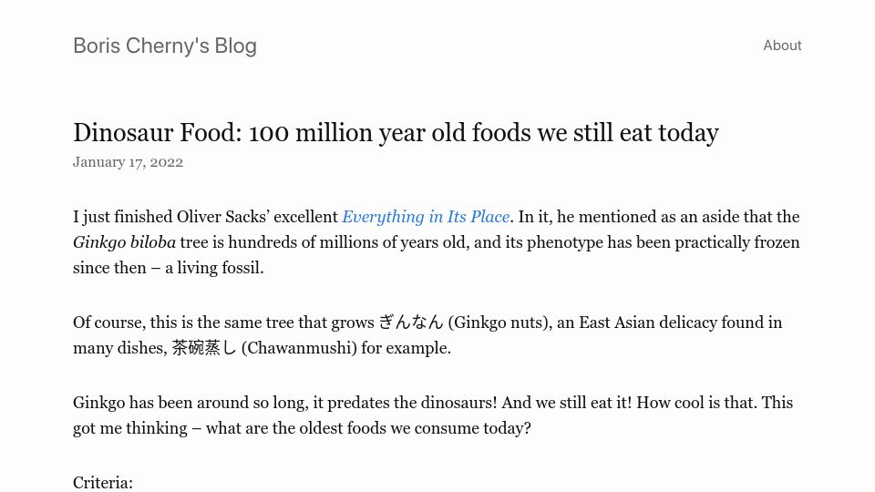 Screenshot of borischerny.com: Dinosaur Food: 100M year old foods we still eat today (2022)
