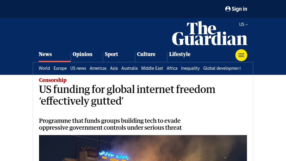 Screenshot of theguardian.com: US funding for global internet freedom 'effectively gutted'